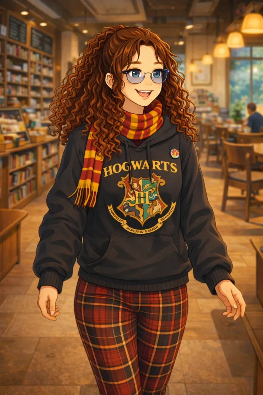 Personagem ilustrada da Sophia, de cabelos cacheados e óculos, em uma livraria