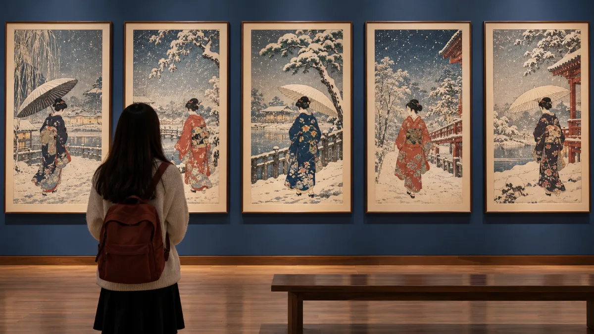 Visitante observa gravuras japonesas em estilo ukiyo-e sobre a história dos 47 rōnin