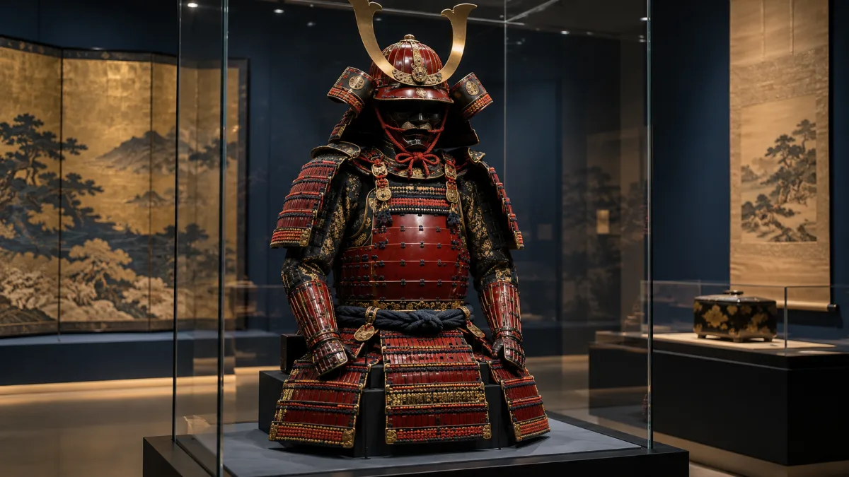 Armadura de samurai exposta em vitrine de museu