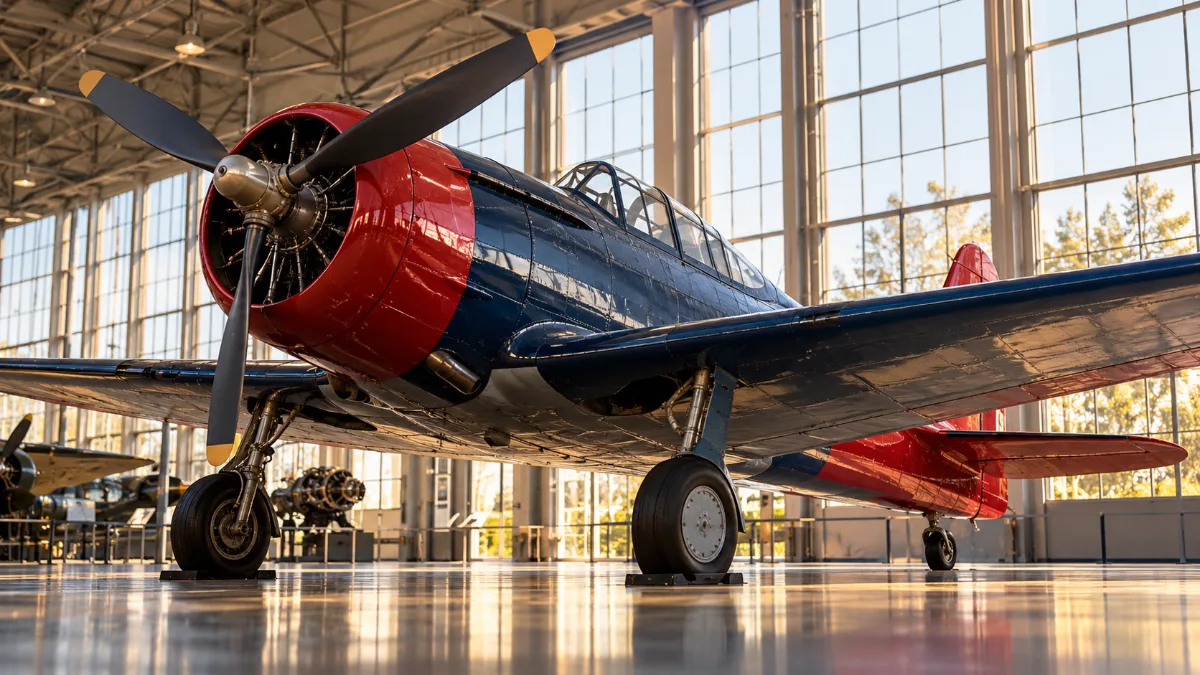 Avião da Segunda Guerra exposto no hangar de um museu de aviação