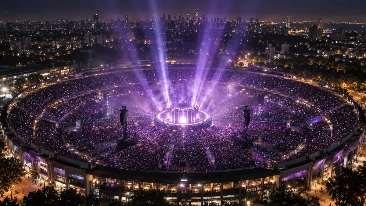 Estádio lotado iluminado de roxo, ilustrando a turnê ARIRANG do BTS