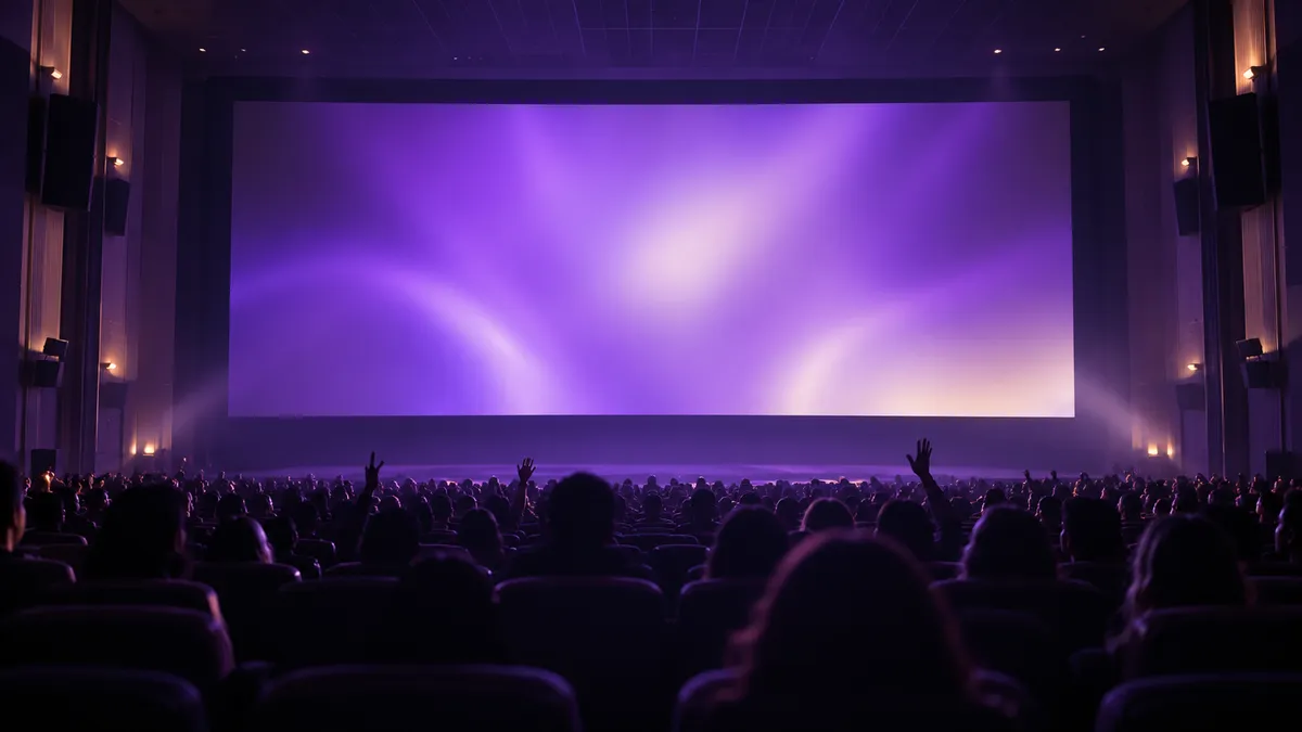 Plateia diante de uma tela gigante de cinema iluminada de roxo, à espera do BTS