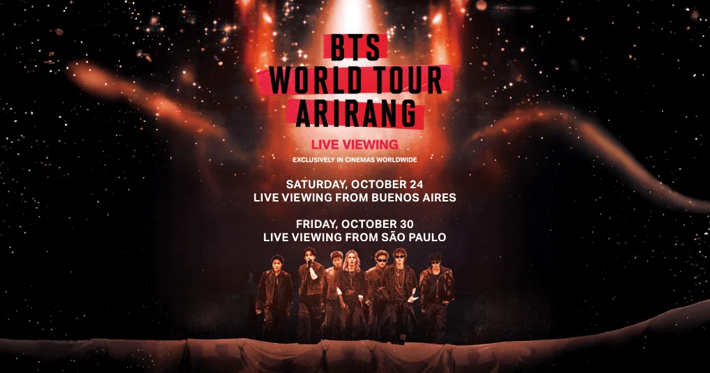 BTS no cinema hoje: arte oficial do Live Viewing da turnê ARIRANG em Buenos Aires e São Paulo