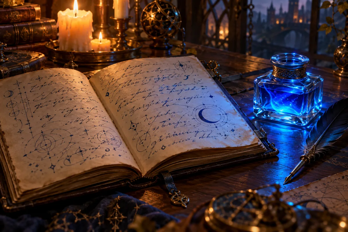 Caderno antigo aberto com anotações e luas desenhadas ao lado de um tinteiro de tinta azul brilhante e uma pena