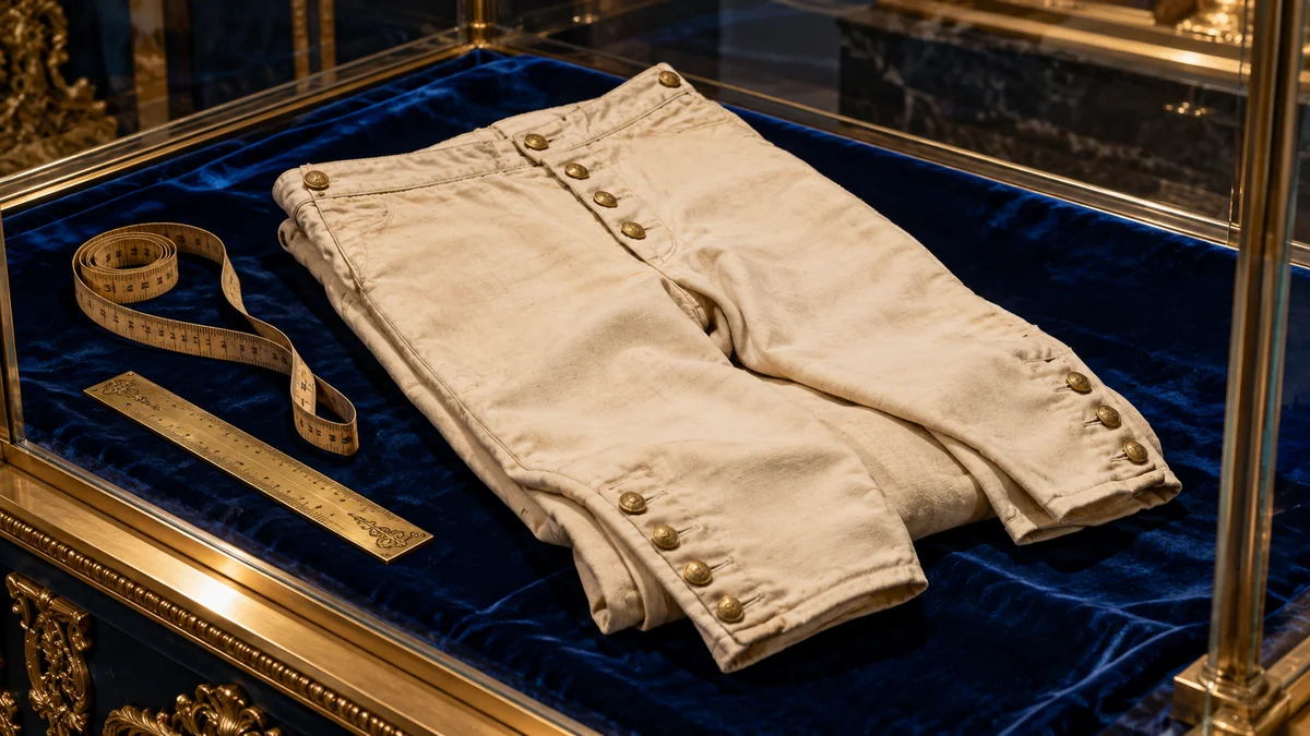 Calça antiga do século XIX em vitrine de museu ao lado de uma fita métrica