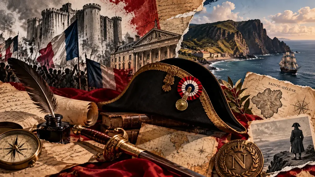 Como Napoleão morreu: chapéu bicorne, mapa de Santa Helena e cenas da Revolução Francesa