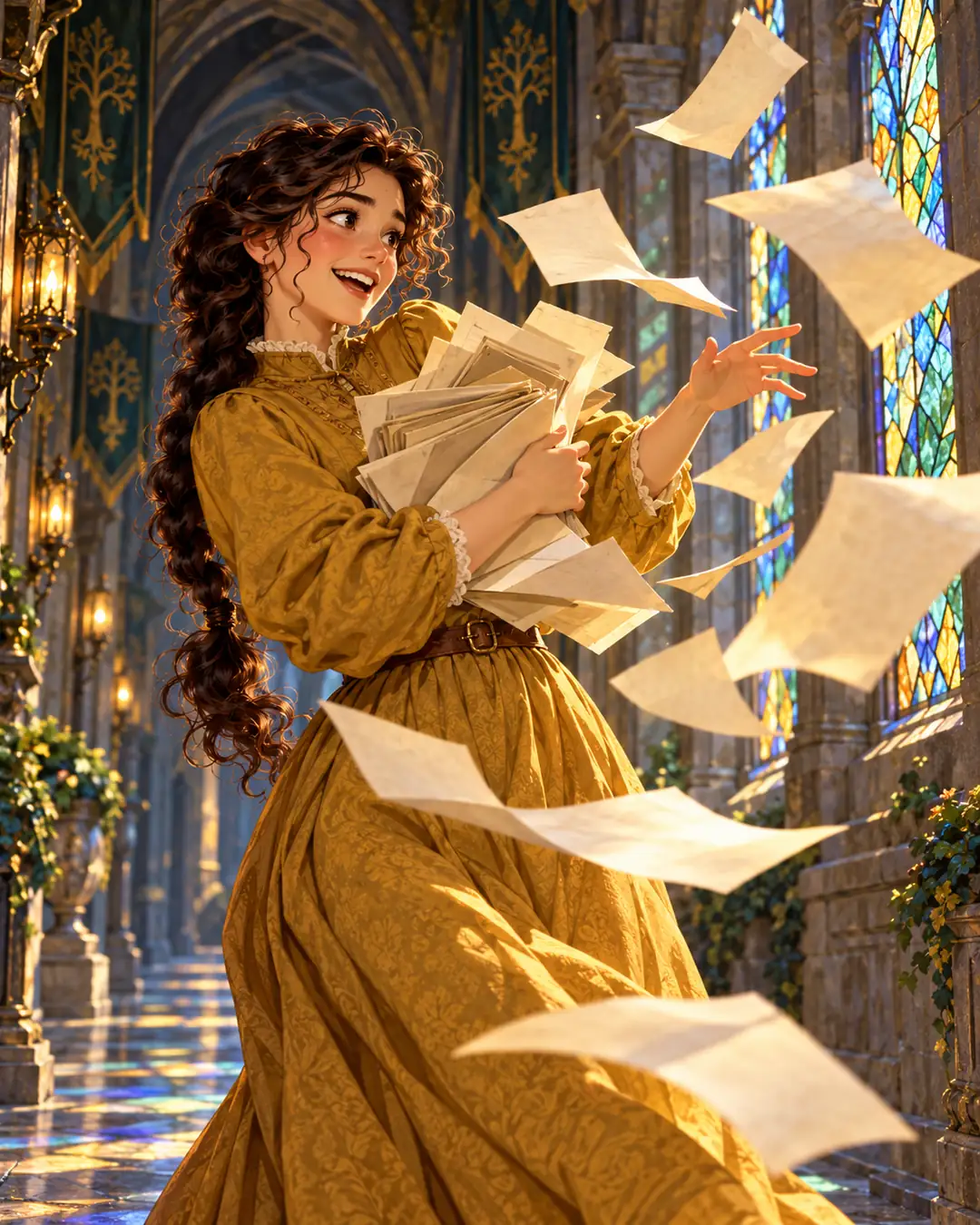 Evie ri em um corredor de castelo enquanto pergaminhos escorregam dos braços dela sob a luz dos vitrais