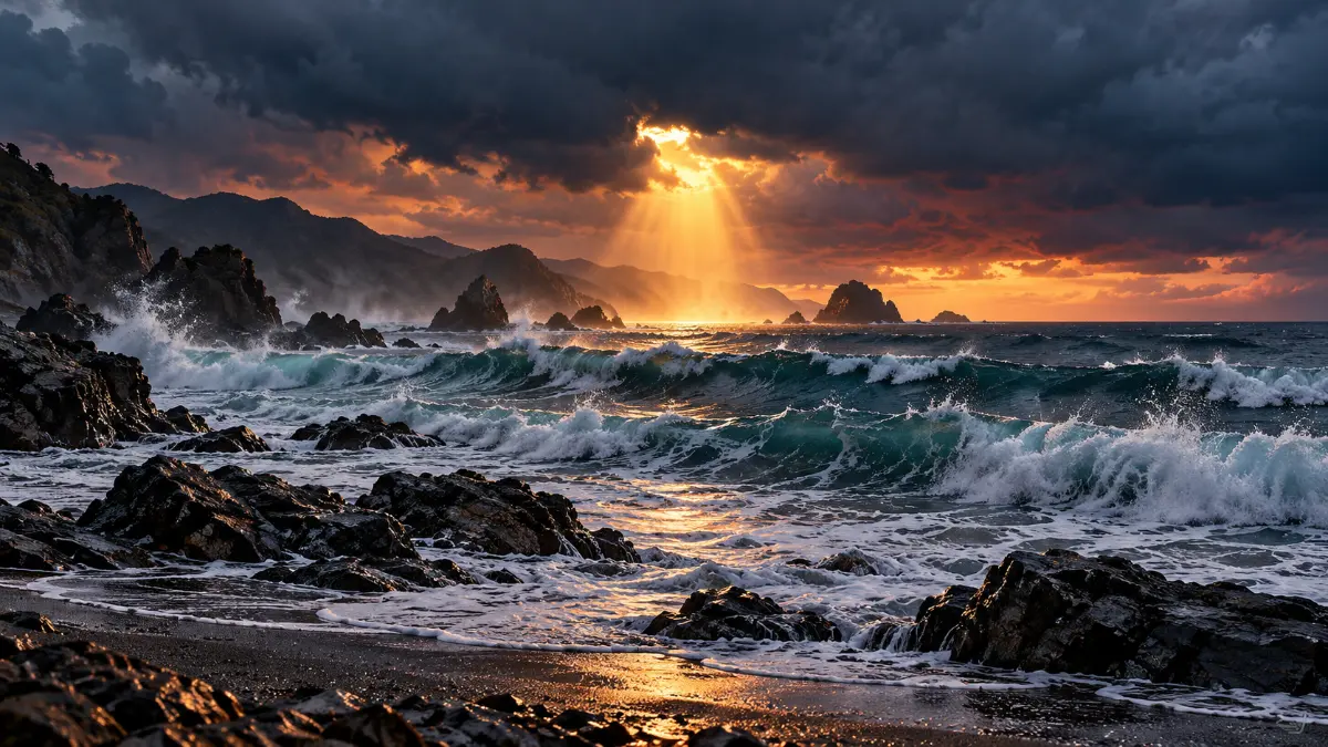 Tempestade sobre a costa do Japão, lembrando o "vento divino" das invasões mongóis