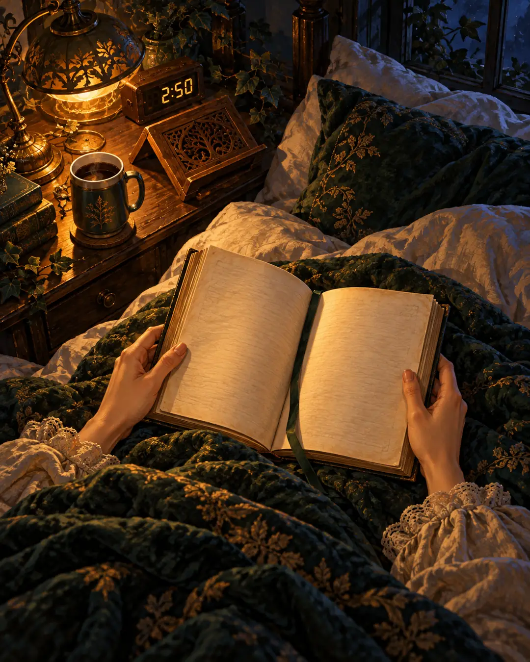 Mãos segurando um livro aberto sob o cobertor à luz de uma luminária, com relógio marcando 2h50