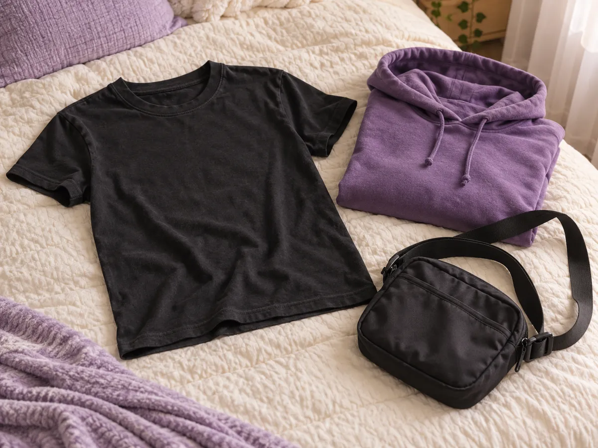 Look para o BTS no cinema: camiseta preta, moletom roxo e bolsa transversal sobre a cama