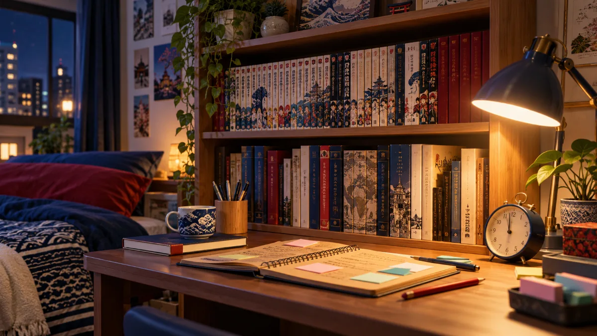 Estante com mangás e livros de História lado a lado, iluminada por uma luminária à noite