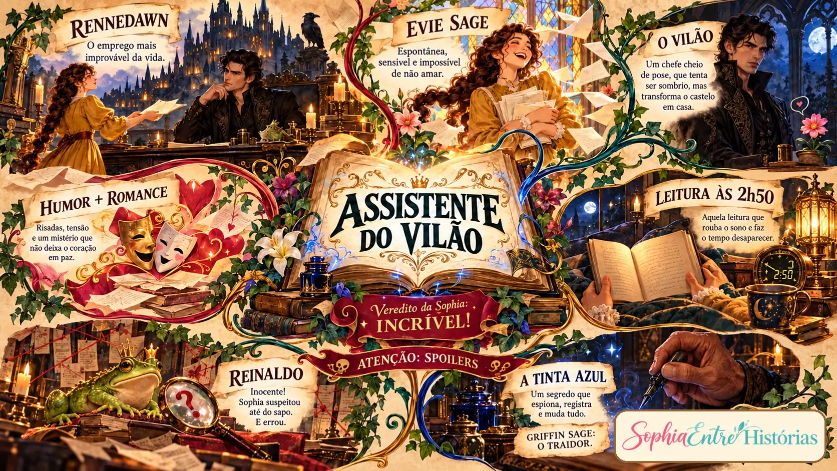 Mapa mental: Assistente do Vilão, com Rennedawn, Evie Sage, o Vilão, humor e romance, leitura às 2h50, o sapo Reinaldo e a tinta azul