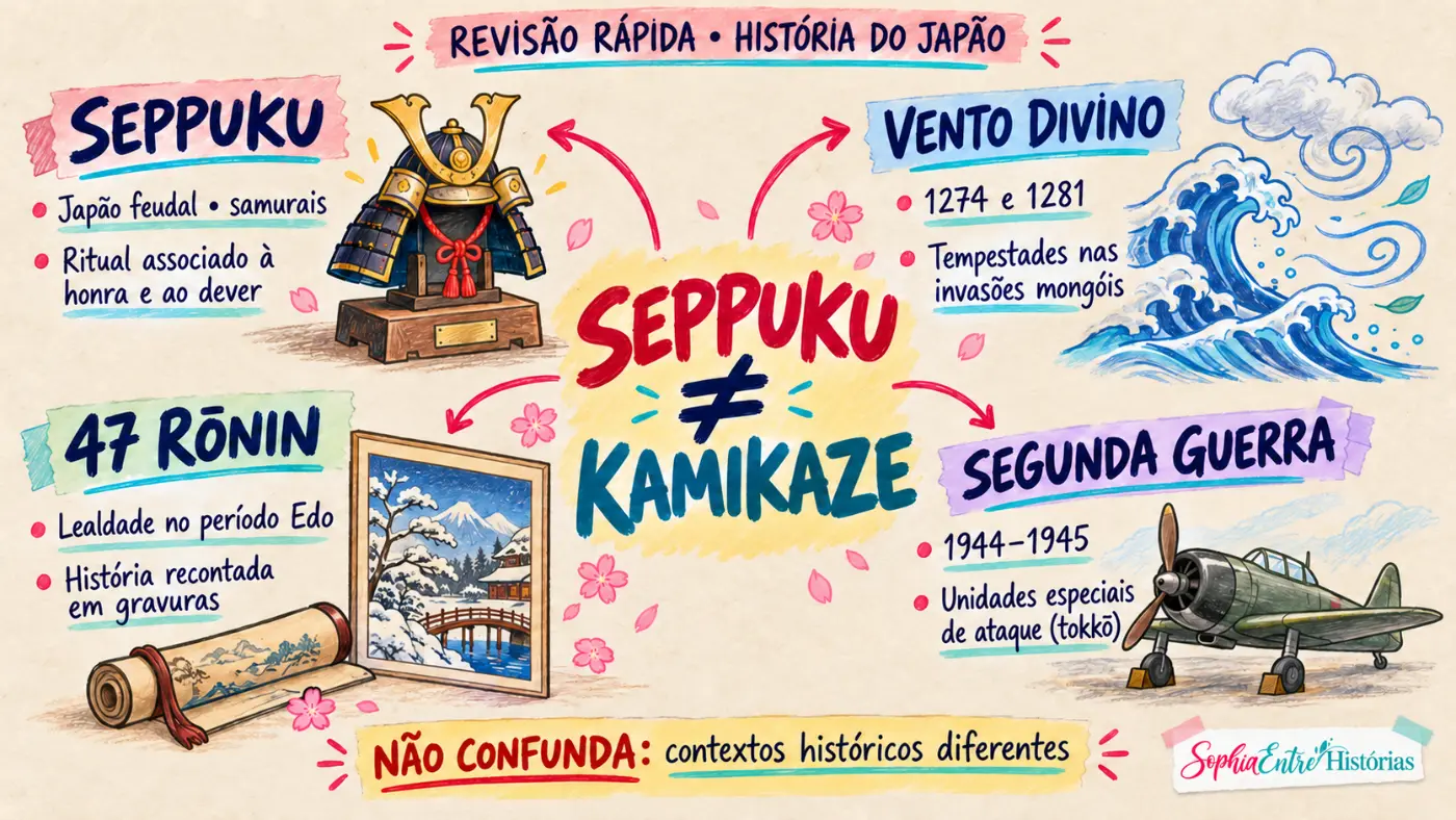 Mapa mental: diferença entre seppuku e kamikaze, com samurais, 47 rōnin, vento divino e Segunda Guerra