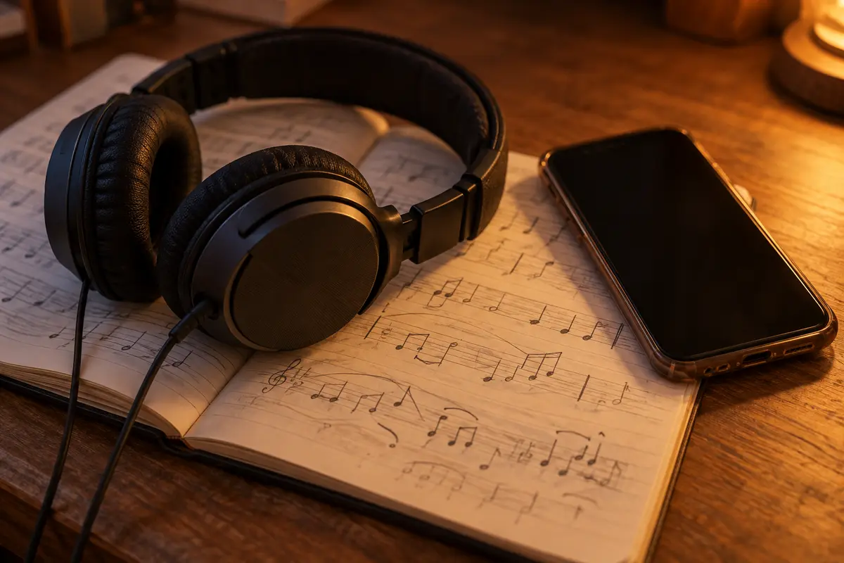 Fone de ouvido sobre um caderno com anotações musicais à mão ao lado de um celular