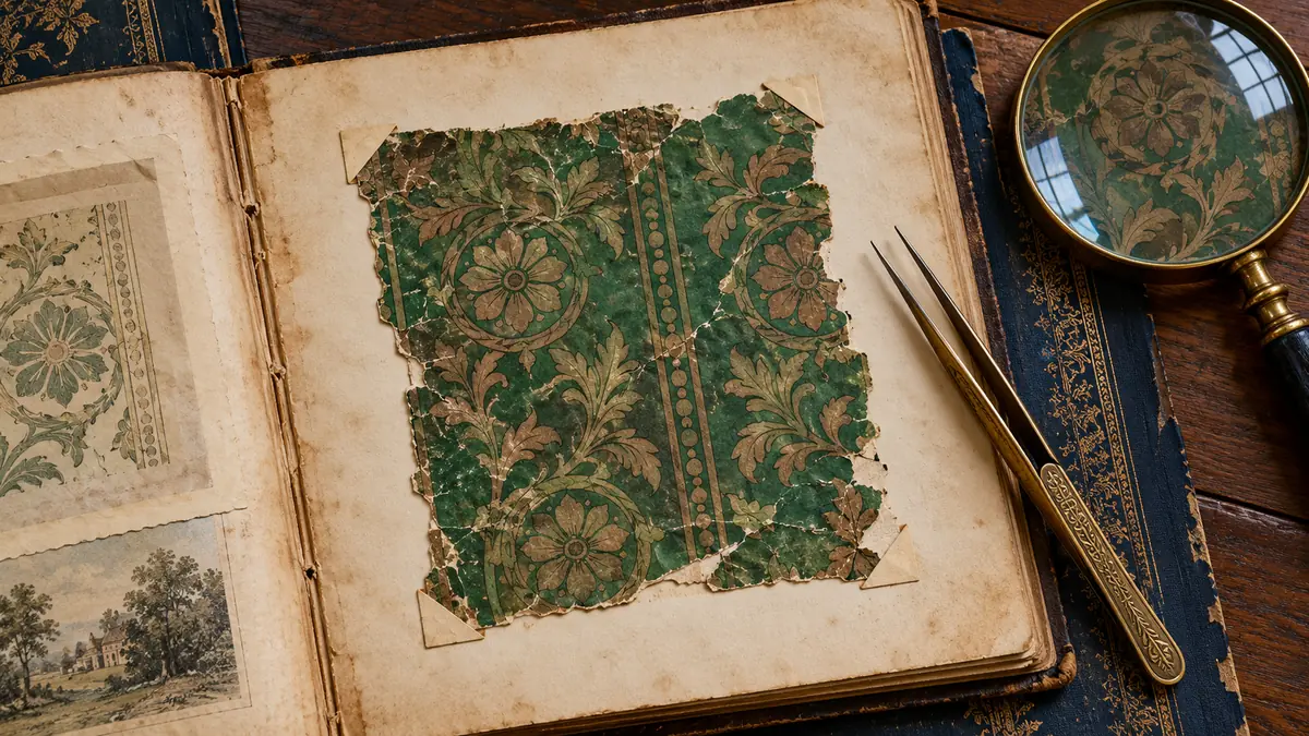 Pedaço de papel de parede verde antigo colado num álbum de família, ao lado de uma lupa