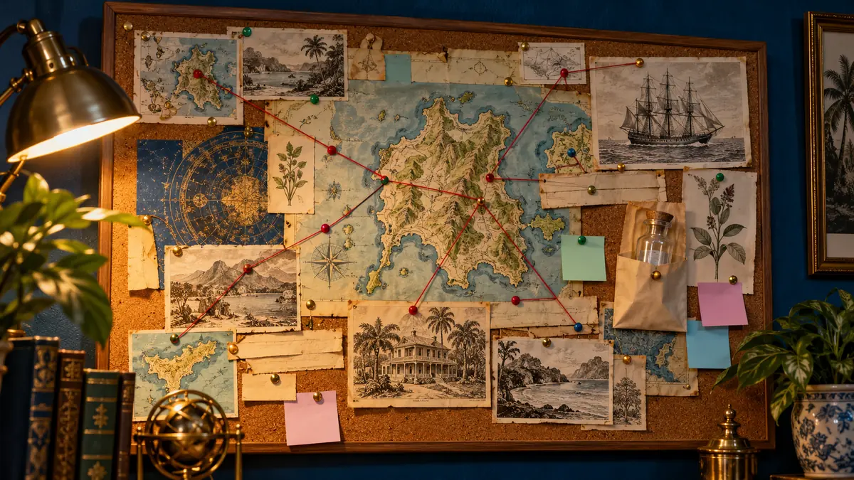 Quadro de cortiça com mapas, alfinetes e linhas vermelhas investigando o arsênio no cabelo de Napoleão