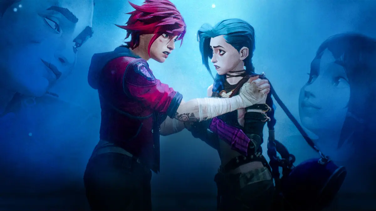 Arte de divulgação de Arcane com as irmãs Vi e Jinx