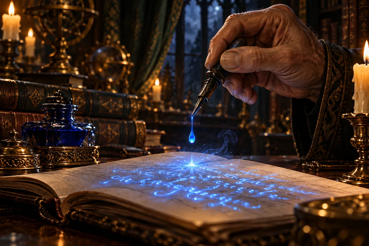 Mão de um homem mais velho deixando cair uma gota de tinta azul brilhante sobre um caderno aberto