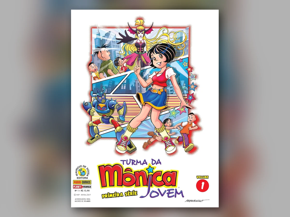 Capa de Turma da Mônica Jovem, Primeira Série, volume 1, com a Mônica adolescente em estilo mangá